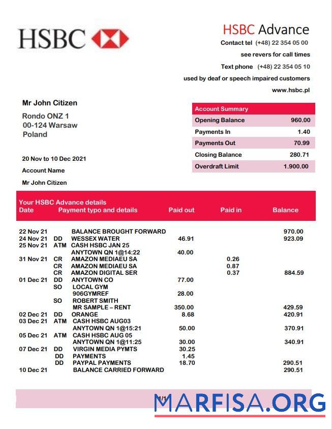 Printable Poland HSBC bank statement word download for verification